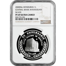 Гондурас 1 лемпира 2000 г. Mo, NGC PF69 UC, "50 лет Центральному банку Гондураса" Top Pop