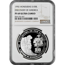 Гондурас 100 лемпир 1992 г., NGC PF69 UC, "500 лет открытию Америки" Top Pop
