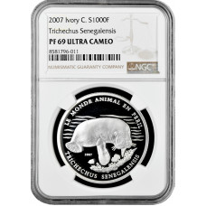 Кот-д'Ивуар 1000 франков 2007 г., NGC PF69 UC, "Сенегальский морж" Top Pop 1/0
