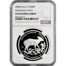 Кот-д'Ивуар 1000 франков 2008 г., NGC PF69 UC, "Цефалофус Зебра" Top Pop 1/0