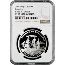 Кот-д'Ивуар 1000 франков 2007 г., NGC PF69 UC, "Трафальгарская битва - Буцентавр" Top Pop 1/0