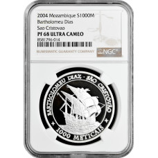 Мозамбик 1000 метикалов 2004 г., NGC PF68 UC, "Бартоломеу Диаш"