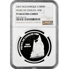 Mozambique 1000 meticais 2003, NGC PF68 UC, "Pedro de Covilha" silver coin