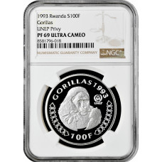 Rwanda 100 francs 1993, NGC PF69 UC, "Gorillas" Top Pop silver coin