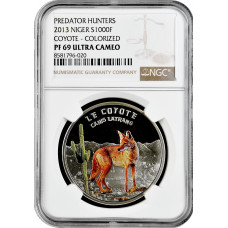Niger 1000 francs 2013, NGC PF69 UC, "Predators - Coyote" colorized silver coin