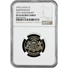 Latvia 2 lati 1993, NGC PF65 UC, "75th Anniversary of the Republic of Latvia"