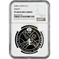 Latvia 1 lats 2000, NGC PF68 UC, "UNICEF - For the Children of the World"