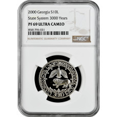 Georgia 10 lari 2000, NGC PF69 UC, "State System 3000 Years" silver coin