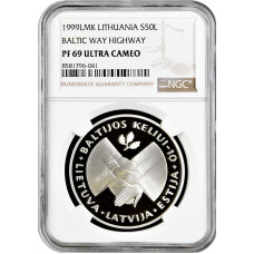 Lithuania 50 litu 1999 LMK, NGC PF69 UC, "Baltic Way Highway" silver coin