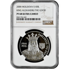 Moldova 100 lei 2000, NGC PF68 UC, "King Alexandru the Good" Top Pop silver coin