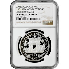 Moldova 100 lei 2001, NGC PF69 UC, "10th An. Independence Arch Monument" Top Pop