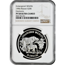 Malawi 20 kwacha 1996, NGC PF68 UC, "Endangered Wildlife - Elephant" silver coin