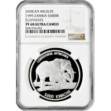 Zambia 5000 kwacha 1999, NGC PF68 UC, "African Wildlife - Elephant & Calf"