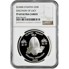 Äthiopien 20 Birr EE 2000 (2008), NGC PF69 UC, "Entdeckung von Lucy /Skelett/"