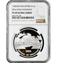 Сингапур 1 унция 1986 г. SM, NGC PF69 UC, "Железная дорога Сингапур-Малайзия" Top Pop