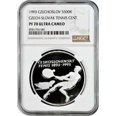 Чехословакия 500 крон 1993 г., NGC PF70 UC, "100 лет теннису в Чехословакии" Top Pop 1/0