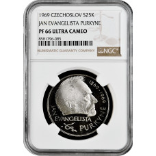 Чехословакия 25 крон 1969 г., NGC PF66 UC, "Ян Эвангелиста Пуркине"