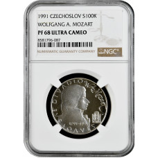 Чехословакия 100 крон 1991 г., NGC PF68 UC, "200 лет со дня смерти Вольфганга Моцарта"