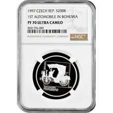 Czech Republic 200 korun 1997, NGC PF70 UC, "First Automobile in Bohemia" Top Pop 1/0