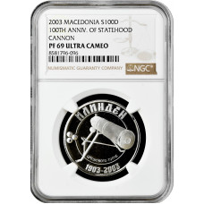 Macedonia 100 denar 2003, NGC PF69 UC, "Statehood. Cannon" Top Pop 1/0
