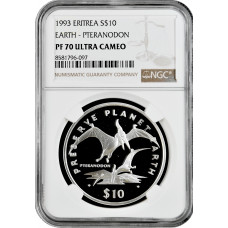 Эритрея 10 долларов 1993 г., NGC PF70 UC, "Берегите планету Земля - Птеранодон" Pop 1/0