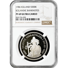 Island 500 Kronen 1986, NGC PF69 UC, "100 Jahre isländische Banknoten"