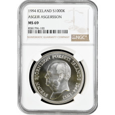 Island 1000 Kronen 1994, NGC MS69, "Sveinn Björnsson, 1. Präsident Islands"
