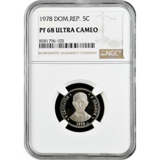 Доминикана 5 сентаво 1978 г., NGC PF68 UC, "Доминиканская Республика (1937 - 2022)"