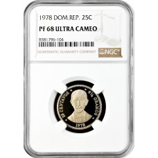 Доминикана 25 сентаво 1978 г., NGC PF68 UC, "Доминиканская Республика (1937 - 2022)"