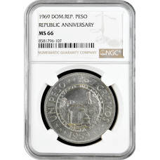 Dominikanische Republik 1 Peso 1969, NGC MS66, "125. Jahrestag der Republik"
