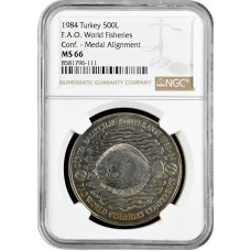 Türkei 500 Lira 1984, NGC MS66, "F.A.O. - Welt Fischereikonferenz 1984" Cu-Ni