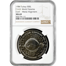 Türkei 500 Lira 1984, NGC MS69, "F.A.O. - Welt Fischereikonferenz 1984"Cu-Ni Top