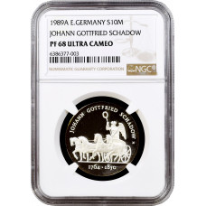 ГДР 10 марок 1989 г., NGC PF68 UC, "225 лет со дня рождения Иоганна Готфрида Шадова"