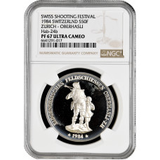 Швейцария 50 франков 1984 г., NGC PF67 UC, "Стрелковый фестиваль в Оберхасли"