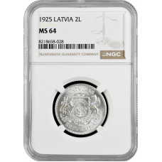 Латвия 2 лата 1925 г., NGC MS64, "Первая Республика (1922 - 1940)"