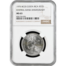 Коста-Рика 5 колонов 1975, NGC MS63, "25 лет Центральному Банку"
