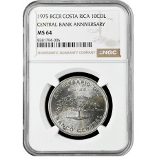 Коста-Рика 10 колонов 1975, NGC MS64, "25 лет Центральному Банку"