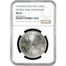 Коста-Рика 20 колонов 1975, NGC MS63, "25 лет Центральному Банку"