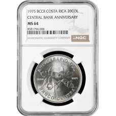 Коста-Рика 20 колонов 1975, NGC MS64, "25 лет Центральному Банку"