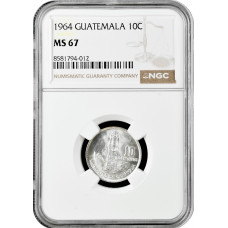 Гватемала 10 сентаво 1964 г., NGC MS67, "Республика Гватемала (1949 - 2019)"