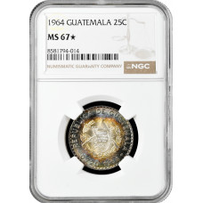 Гватемала 25 сентаво 1964 г., NGC MS67★, "Республика Гватемала (1949 - 2017)"