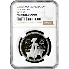 Перу 1 соль 1994 г., NGC PF69 UC, "Защита окружающей среды - Викуньи" Top Pop 2/0