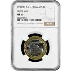 Остров Мэн 2 фунта 1999 г., NGC MS63, "Гоночные машины" Bi-Me