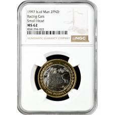 Остров Мэн 2 фунта 1997 г. PM AA, NGC MS62, "Гоночные автомобили, малая голова" Bi-Me