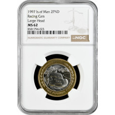 Остров Мэн 2 фунта 1997 г. PM AA, NGC MS62, "Гоночные автомобили, большая голова" Bi-Me