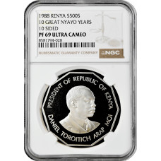 Кения 500 шиллингов 1988 г., NGC PF69 UC, "10 лет Президентству Даниеля арап Мои"