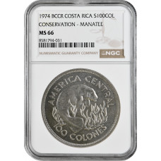 Коста-Рика 100 колонов 1974, NGC MS66, "Охрана природы - Ламантин"