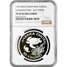 Коста-Рика 50 колонов 1974, NGC PF69 UC, "Зелёная черепаха"