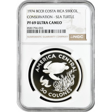 Коста-Рика 50 колонов 1974, NGC PF69 UC, "Зелёная черепаха"