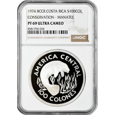 Коста-Рика 100 колонов 1974, NGC PF69 UC, "Охрана природы - Ламантин"
